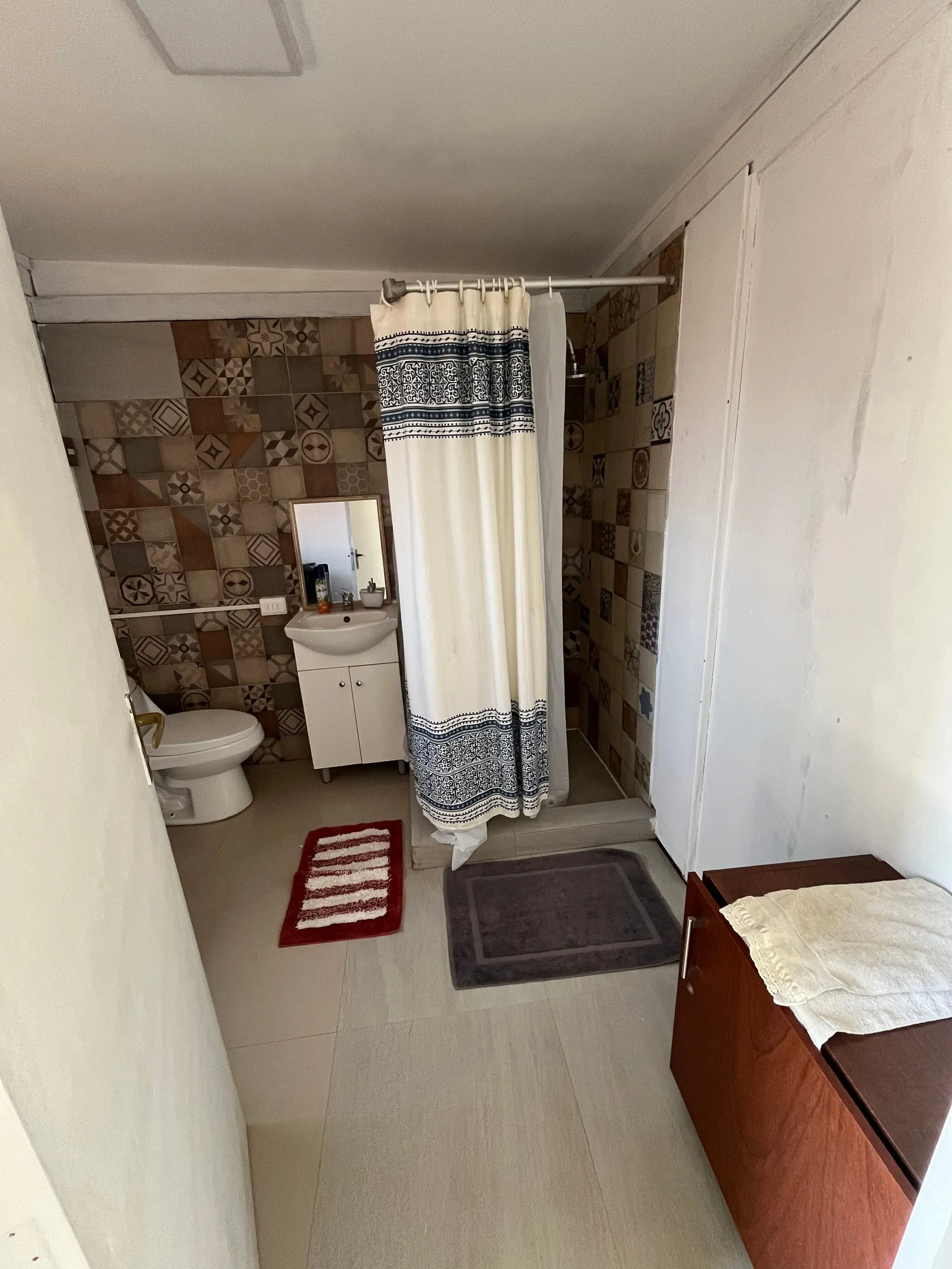 Baño completo de la tiny house con palmetas decoradas
